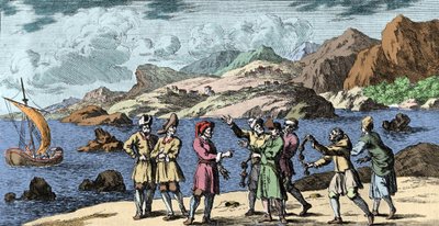 Sorcières et croyances : Finlandais et Samis provoquant une tempête par la magie de trois nœuds. Gravure de "Mundi Mirabilis Oeconomia" par Johann Zahn (1631-1707) - Unknown artist