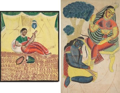 Femme jouant de la musique (recto); Krishna caressant les pieds de Radha (verso) - Unknown artist