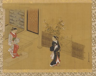 Femme sur les marches de la véranda ; une autre dans le jardin - Unknown artist