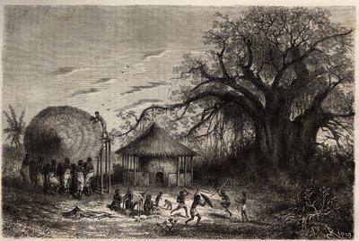 Femmes des bords du Zambèze agitant des huttes et au premier plan, jeu d