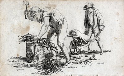 Bûcherons faisant des fagots de bois et homme portant des fagots sur une brouette. Gravure fin XVIIIe siècle. Collection privée. - Unknown artist