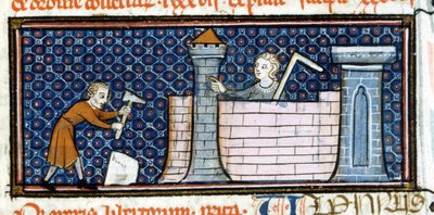 Travailleurs construisant un monastère fortifié, miniature du milieu du XIIIe siècle. Biblioteca Trivulziana - Unknown artist