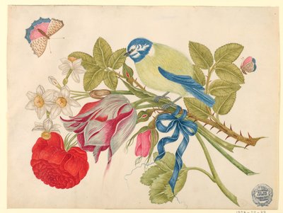 Oiseau jaune et bleu sur bouquet avec rose, tulipes et jonquilles, avec papillons - Unknown artist