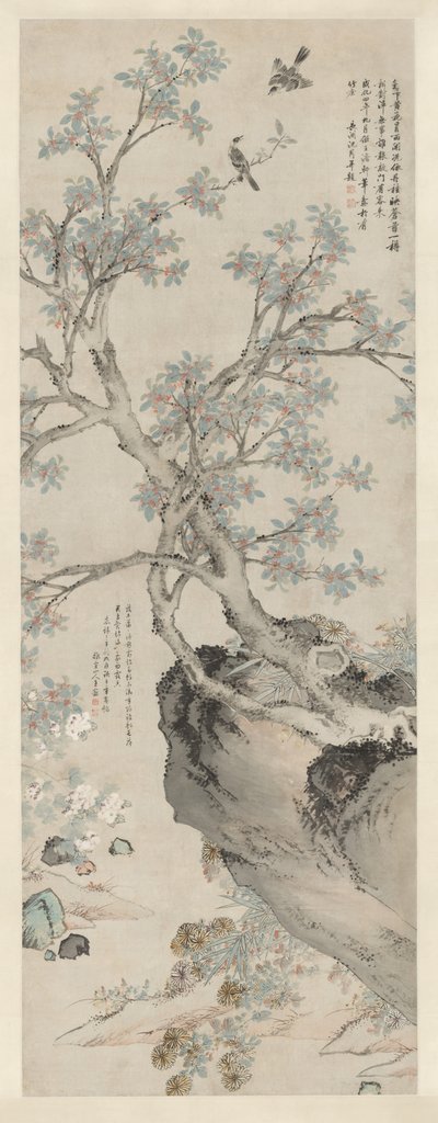 Chrysanthèmes jaunes et Osmanthus rouges dans le style de Wang Yuan - Unknown artist