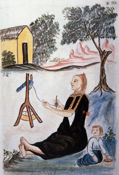 Jeune femme indienne filant de la laine, du livre "Trujillo del Peru" ou "Códice Martínez Compañón", par Baltazar Martinez Compañón y Bujanda, évêque de Trujillo (1782-1785) - Unknown artist