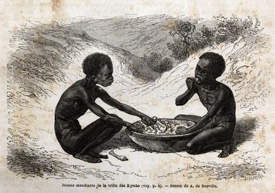 Jeunes mendiants de la tribu Kychi (située dans la région du Haut-Nil) prenant un repas en échange de quelques fagots. Gravure pour illustrer le voyage au lac Albert - Unknown artist