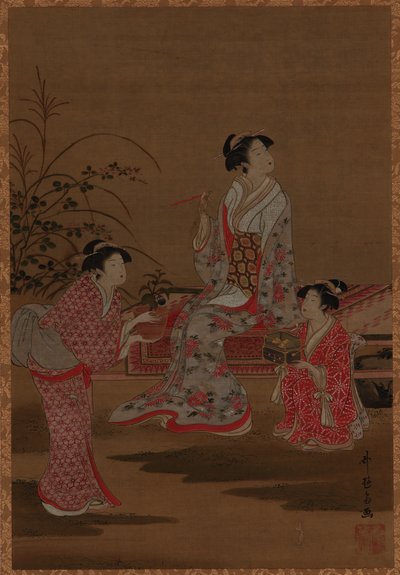 Jeune femme, avec deux servantes, assise dans un jardin - Unknown artist