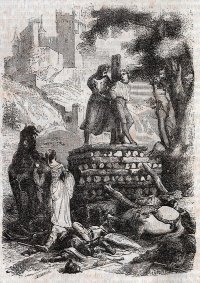 Zerbin sur le bûcher, délivré par Roland - gravure de 1851 de « Roland furieux » - Unknown artist