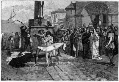 Un homme et une femme adultères sont fouettés sur la place publique dans un village en France au Moyen Âge. Gravure du 19ème siècle illustrant les mœurs des Français. - Unknown artist