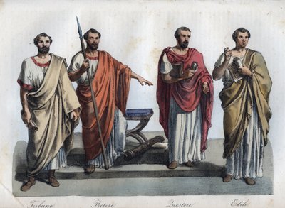 Magistrats de la Rome antique - Tribunus (Tribun) - praetor (Préteur) (Magistrat) - Quaestores (Questeurs) - aediles (édiles) gravure de « Usi e Costumi di Tutti i Popoli dell