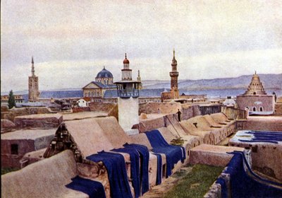 Tissus de coton bleu mis à sécher sur les toits des teinturiers à Damas (Syrie) - Unknown photographer