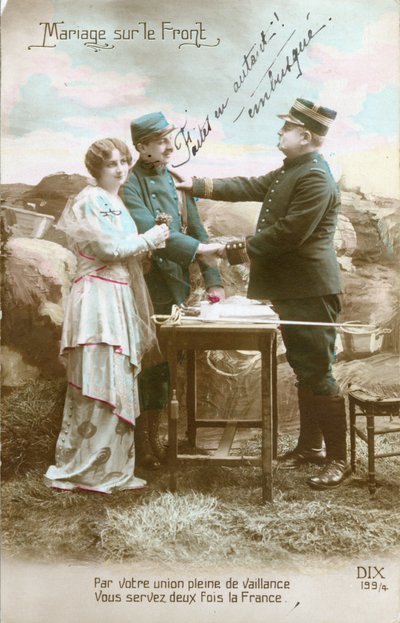 Carte postale de la Première Guerre mondiale, mariage au recto d
