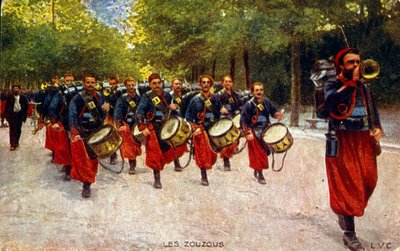 Carte postale de propagande de la Première Guerre mondiale, vers 1916, montrant des soldats zouaves d