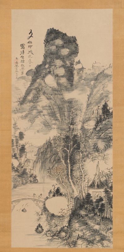 Sur un pont rustique, portant un zither Yakyo hokin zu, 1814 - Uragami Gyokudo