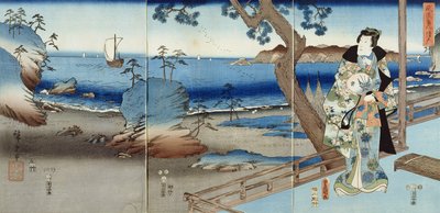 Le prince Genji regardant à la plage de Suma - Utagawa  Hiroshige and Kunisada