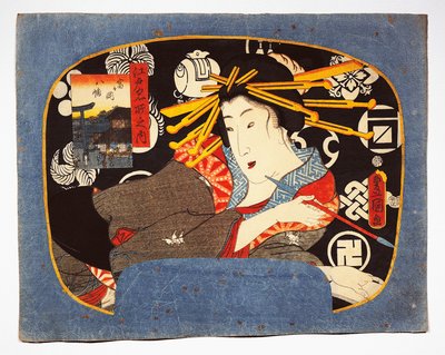Courtisane avec une longue pipe, temple Hachiman en médaillon à gauche - Utagawa Kunisada