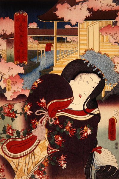 Hana-no-en bansho Katsuragi Genji mitate hakkei no uchi (Banquet de fleurs, Cloche du soir : Katsuragi), vers 1808-58 - Utagawa Kunisada