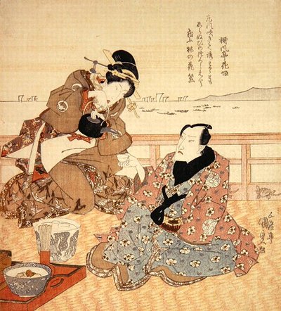Onoe Kikugoro III prenant le thé à Shinagawa, vers 1825 (impression sur bois en couleur) - Utagawa Kunisada