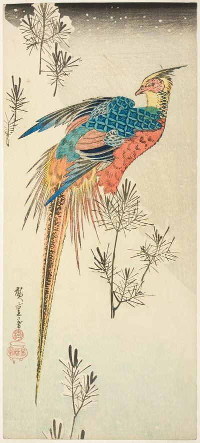 Faisan Doré Perché sur une Colline Enneigée Abrupte parmi de Petits Pins - Utagawa Hiroshige