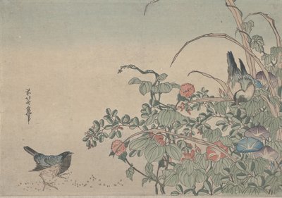 Merles bleus avec des gloires du matin et Lespedeza - Utagawa Hiroshige
