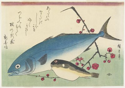 Bonito, Poisson-globe et une Branche de Prunier en Fleurs, vers 1840 - Utagawa Hiroshige