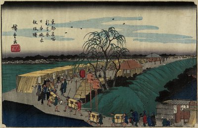 Aube à la colline Emonzaka à Nihon-zutsumi Bank, Shin-Yoshiwara, vers 1830 - Utagawa Hiroshige