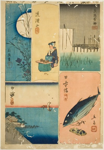 Pont Eitai, Pont Nihon, Susaki, Jardin de Fleurs, et Colline Dokan (Eitaibashi, Nihonbashi, Susaki, Hanayashiki, Dokanyama), de la série "Découpages de Lieux Célèbres à Edo (Harimaze Koto meisho)" - Utagawa Hiroshige
