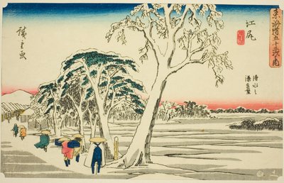 Ejiri : Vue lointaine du port de Shimizu par temps clair après une chute de neige, de la série "Les cinquante-trois stations du Tokaido" - Utagawa Hiroshige