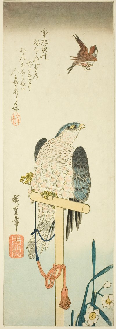 Faucon, moineau et narcisse - Utagawa Hiroshige