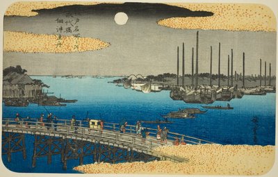 Bateaux de pêche près du pont Eitai dans la baie de Tsukuda (Eitaibashi Tsukuda oki isaribune), de la série "Lieux célèbres d