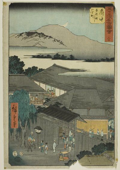 Fuchu : Miroku nichome, Abekawa (Fuchu, Abekawa Miroku nichome), n° 20 de la série "Sites célèbres des cinquante-trois stations (Gojusan tsugi meisho zue)", également connue sous le nom de Tokaïdo vertical. - Utagawa Hiroshige