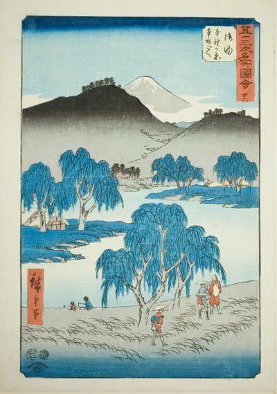 Goyu : Plaine de Motono et col de Motosaka (Goyu, Motonogahara Motozaka goe), n° 36 de la série "Vues célèbres des cinquante-trois stations (Gojusan tsugi meisho zue)", également connue sous le nom de Tokaido vertical - Utagawa Hiroshige