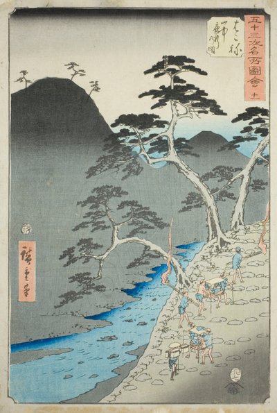 Hakone : Procession nocturne dans les montagnes (Hakone, sanchu yagyo no zu), no. 11 de la série "Vues célèbres des cinquante-trois stations (Gojusan tsugi meisho zue)," également connue sous le nom de Tokaido vertical - Utagawa Hiroshige