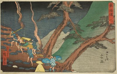 Hakone : Voyage avec des torches de pin dans la nuit (Hakone, yonaka taimatsu tori) - No. 11, de la série "Les cinquante-trois stations du Tokaido (Tokaido gojusan tsugi)", également connue sous le nom de Reisho Tokaido - Utagawa Hiroshige