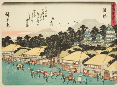 Hamamatsu, de la série "Les cinquante-trois stations du Tokaido (Tokaido gojusan tsugi)", également connue sous le nom de Tokaido avec poème (Kyoka iri Tokaido) - Utagawa Hiroshige