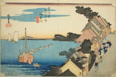 Kanagawa : Vue de la digue (Kanagawa, dai no kei), de la série "Les cinquante-trois stations de la route Tokaido (Tokaido gojusan tsugi no uchi)", également connue sous le nom de Hoeido Tokaido - Utagawa Hiroshige