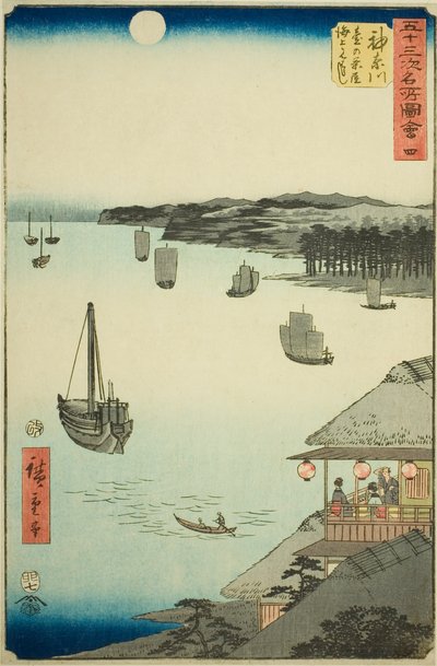 Kanagawa : Vue sur la mer depuis les maisons de thé sur la colline, no. 4 de la série "Vues célèbres des cinquante-trois stations" - Utagawa Hiroshige