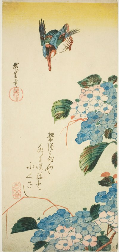 Martin-pêcheur et hortensia - Utagawa Hiroshige