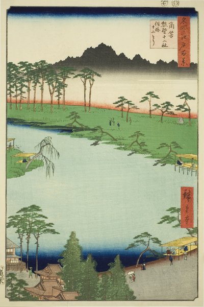 Sanctuaire Kumano Junisha à Tsunohazu, connu sous le nom de Juniso (Tsunohazu Kumano Junisha, zokusho Juniso), de la série "Cent vues célèbres d