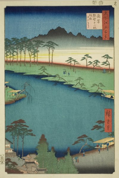 Sanctuaire Kumano Junisha à Tsunohazu, connu sous le nom de Juniso (Tsunohazu Kumano Junisha, zokusho Juniso), de la série "Cent vues célèbres d