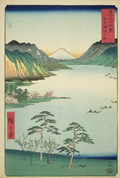 Lac Suwa dans la province de Shinano, de la série "Trente-six vues du mont Fuji" - Utagawa Hiroshige
