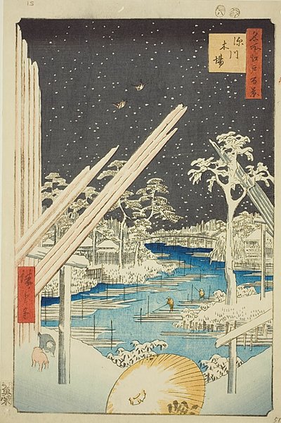 Chantiers de bois à Fukagawa (Fukagawa kiba), avec ciel sombre, n° 106 de la série "Cent vues célèbres d