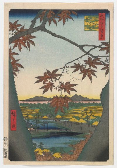 Érables à Mama, sanctuaire Tekona et pont lié, période Edo, 1857 - Utagawa Hiroshige
