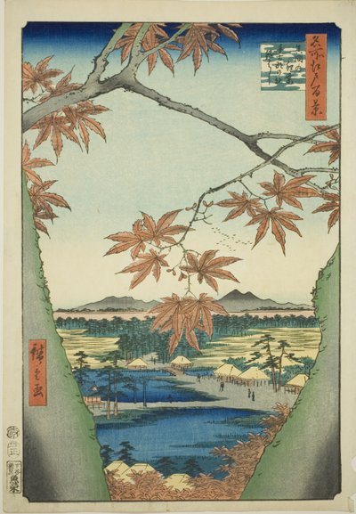 Érables à Mama, sanctuaire Tekona et pont Tsugi (Mama no momiji, Tekona no yashiro, Tsugihashi), de la série "Cent vues célèbres d
