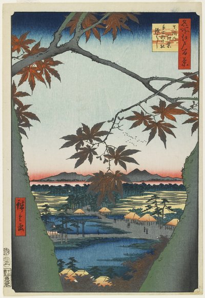 Érables à Mama avec vue du sanctuaire et du pont de Tekona, janvier 1857 - Utagawa Hiroshige