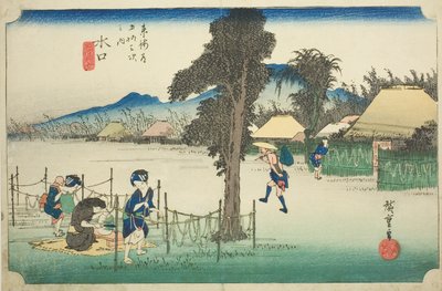 Minakuchi : Copeaux de gourde séchée, une spécialité locale (Minakuchi, meibutsu kanpyo), de la série "Cinquante-trois Stations du Tokaido (Tokaido gojusan tsugi no uchi)," également connu sous le nom de Hoeido Tokaido - Utagawa Hiroshige