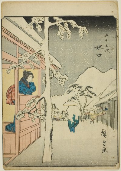 Minakuchi, de la série "Cinquante-trois Stations [du Tokaido] (Gojusan tsugi)," également connue sous le nom de Tokaido des Figures (Jinbutsu Tokaido) - Utagawa Hiroshige