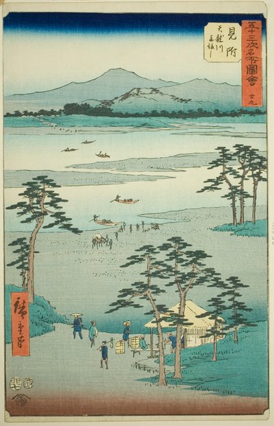 Mitsuke : Traversée en ferry sur la rivière Tenryu (Mitsuke, Tenryugawa funewatashi), no. 29 de la série "Vues célèbres des cinquante-trois stations (Gojusan tsugi meisho zue)," également connue sous le nom de Tokaido vertical - Utagawa Hiroshige