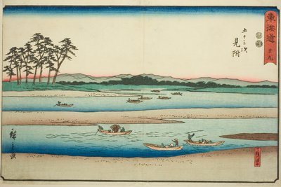 Mitsuke : Bacs sur la rivière Tenryu (Mitsuke, Tenryugawa no funawatashi) — n° 29, de la série "Les Cinquante-trois Stations du Tokaido (Tokaido gojusan tsugi)", également connue sous le nom de Reisho Tokaido - Utagawa Hiroshige