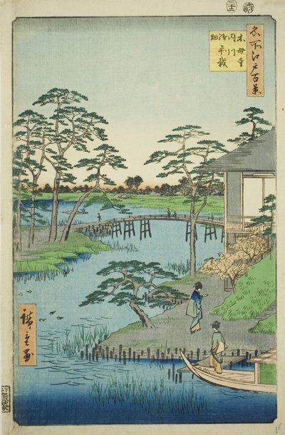 Temple Mokubo, Inlet Uchigawa, et Gozensaihata (Mokuboji Uchigawa Gozensaihata), de la série "Cent Vues célèbres d